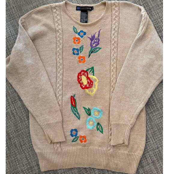 iB Diffusion Sweaters - IB DIFFUSION Ramie/Cotton Embroidered Floral Crewneck Long Slv Sweater Beige M